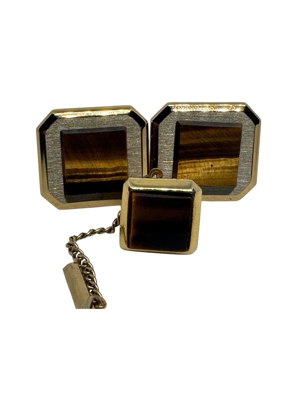 Vintage Swank Tiger Eye Cufflinks & Tie Tack Set Gold Tone Two Tone Men’s